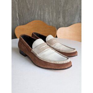 DSquared2-Men's Brown/Ivory/Taupe-Suede Almond Toe Penny Loafers-EU41/US 8